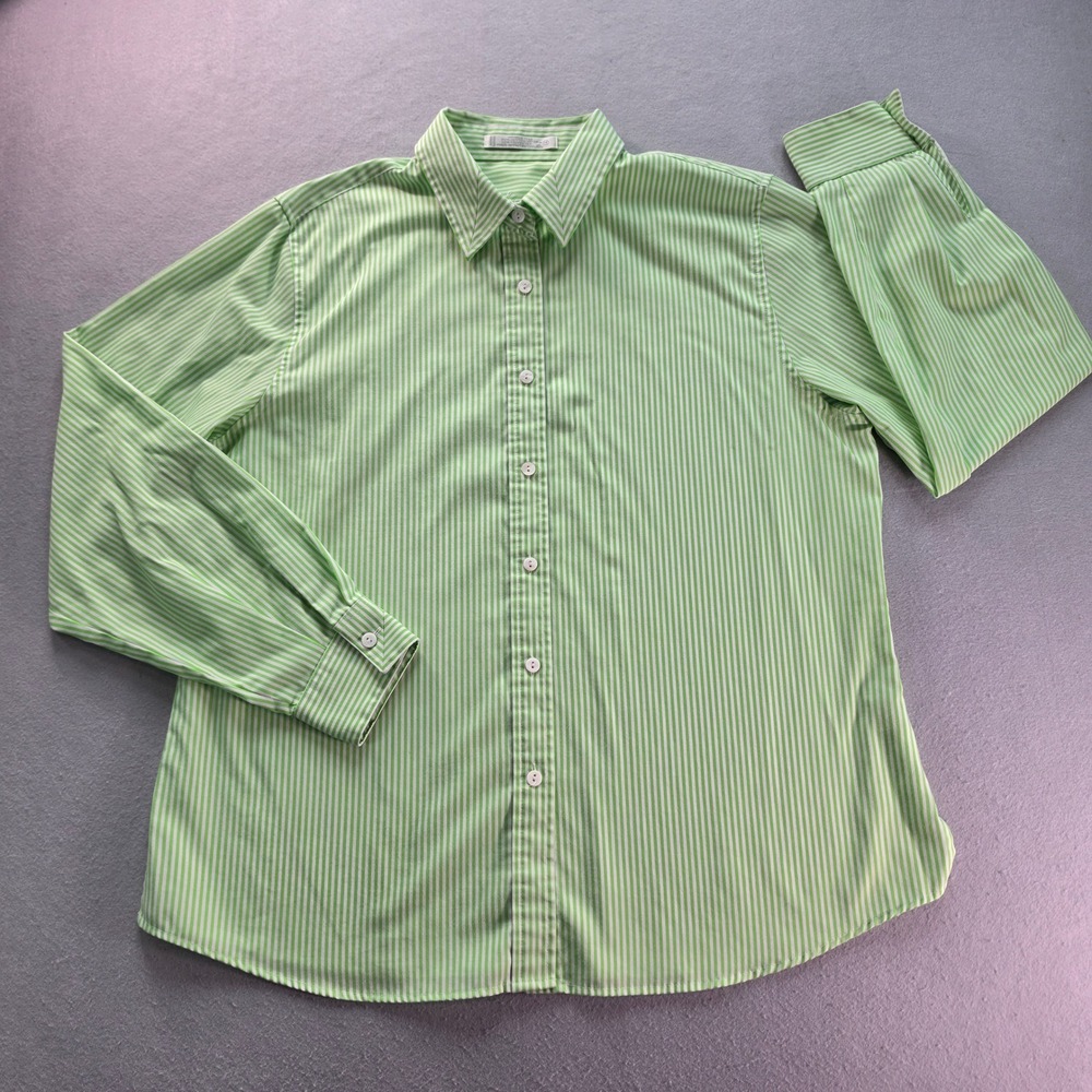 Foxcroft Womens Green White Striped Wrinkle Free Button Down Shirt Size 14